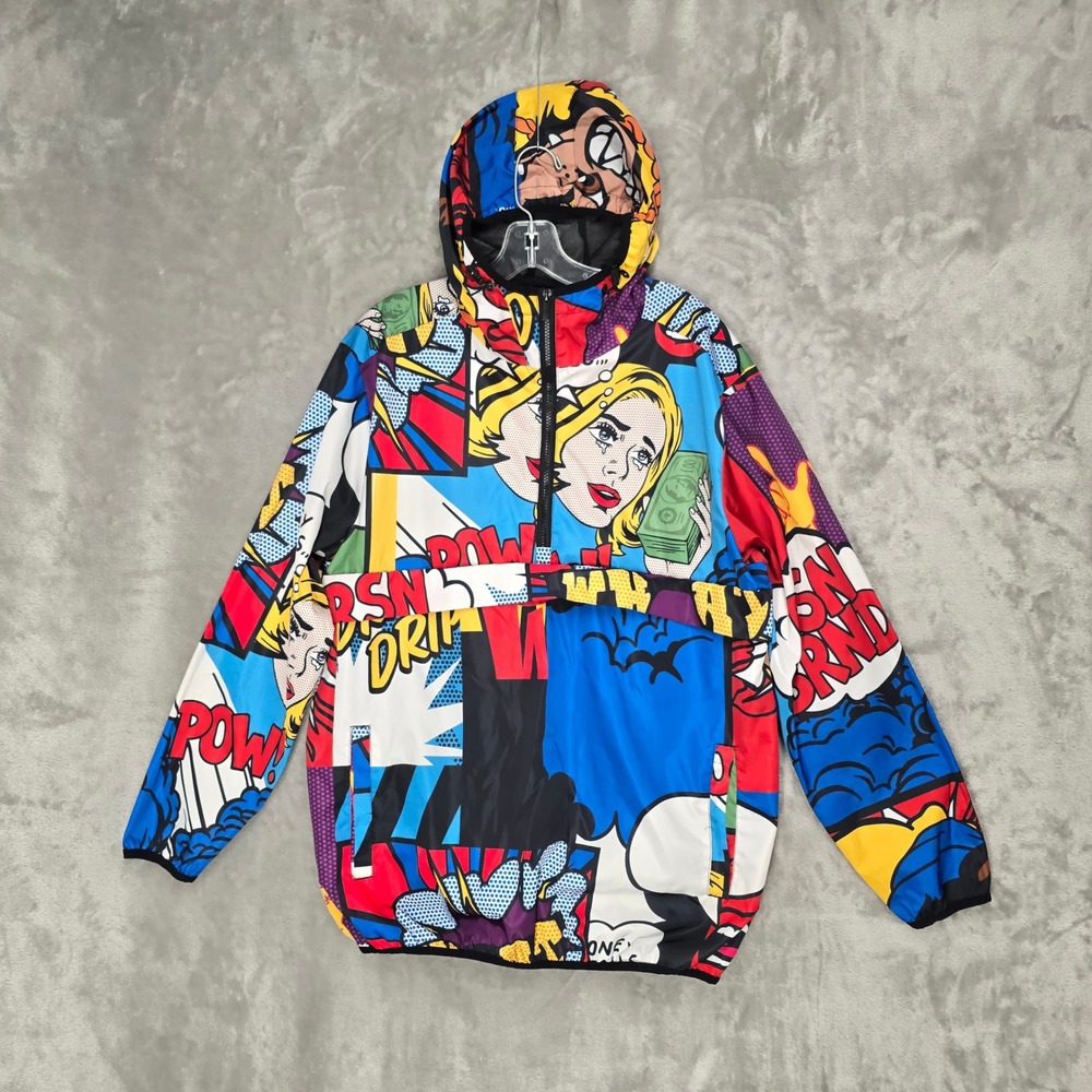 Reason‎ Mens Comic Book Pop Art Graphic Half Zip Windbreaker Jacket Hooded Large